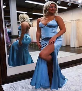 Staubiges blaues Ballkleid mit V-Ausschnitt, sexy Meerjungfrau, überkreuzt, durchgehende Abendkleider, schwarze Mädchen, hoher Schlitz, formelles Nachtpartykleid, Roben, Soiree, Vestido de Fiesta 2023