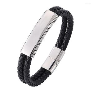 Charm Bracelets Punk Leather Bracelet For Men Black Braided Rope Hand Chain Stainless Steel Magnetic Clasps Male Jewelry Gifts PW804