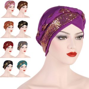 2023 Novas mulheres muçulmanas chapas de lantejoulas de quimioterapia Cap Índia Turbano Hijab Africa Headties Bonnet Posto de cabelo Lenço Turbante Mujer