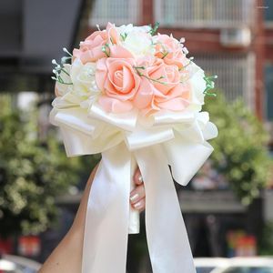 Dekorativa blommor PE Rose Ribbon Hand Flower Bridal Wedding Elegant Bouquet Party Church Layout levererar handgjorda PE302