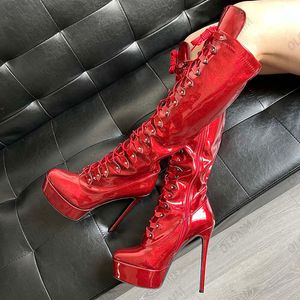 Olomm Women Winter Platform Knee Boots Crack Patent Leather Stiletto Heels Round Toe Pretty Red Party Shoes Plus US Size 5-20