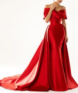 Sexy Mermaid Formal Evening Dress 2023 Off Shoulder Short Sleeve Court Train Satin Pleats Prom Party Gowns Celebrity Style Robe De Soiree Vestidos De Longo