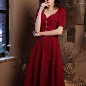 Casual Dresses Solid Colour Red Evening Dress Elegant Square Collar Engagement Female Formal A Line Prom Party Gown Vestidos