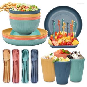 Bowls Full Tableware Of Plates Complete Dishes Wheat Straw Dinnerware Set Picnic Plate Camping Dinner Plastic 32PCS