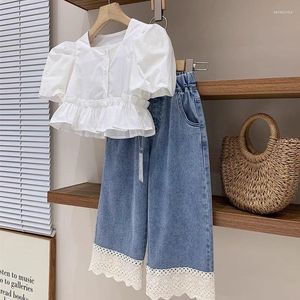 Roupas Conjunto de meninas Conjunto de meninas 2023 Verão French Square Neck Bubble Slave Lace Lace Jeans macio de duas peças