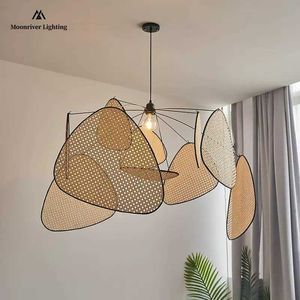 Pendant Lamps Rattan Weaving Chandelier Wicker Lamp Petals Hanging Lighting Flower Japan Style Pendant Lighs for Living Room Dining Table Bar G230524