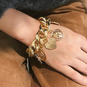 Charm Bracelets Punk Exaggeration Big Wide Link Chain & Bangle For Women Heart Coin Pendant Hand Jewelry Pulsera Bilezikler Wholesale