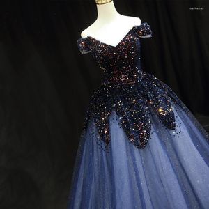 Party Dresses Evening Dress Navy Blue Sequins Off The Shoulder Short Sleeves Tulle Ball Gowns Floor Length Plus Size Women