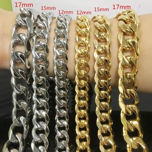 Correntes de 12/15/17mm de largura Men Wide Curb Chain Link Chain High Polished Silver/Gold Color 316L Pulseira/colar de aço inoxidável