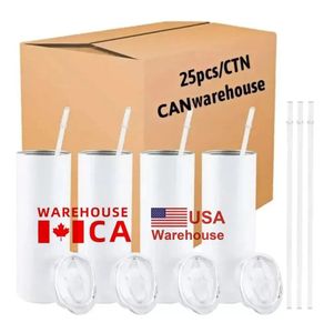 USA CA Local Warehouse 25 Stück/Karton GERADE 20oz Sublimationsbecher mit Strohhalm Edelstahl-Wasserflaschen doppelt isolierte Becher Tassen für Geburtstagsgeschenke GJ0524