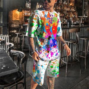 Herrspårar sommar 3D-tryckning Men färgglada tie-dye sportkläder o-hals kort ärm cool gata t-short shorts tvådelar set