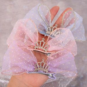 Hair Accessories Korean Fashion Children Hairpin Headdress Girl Princess Mesh Bowknot Rhinestones Crown Clip Birthday Gifts