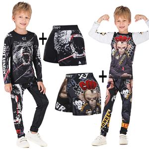 Conjuntos/ternos RashGuard Jiu Jitsu MMA Camiseta infantil Pesca de calça MMA Kid Rash Crianças Trials MUAY THAI SHORT