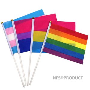 Bannerfahnen, Regenbogen-Handflagge, LGBT, Gay Pride, 14 x 21 cm, Polyester, bedruckt, bisexuell, tansgender, pansexuell, Flaggen und Banner mit Fahnenmasten, G230524