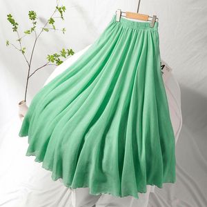 Skirts 2023 Women Linen Cotton Long Elastic Waist Pleated Maxi For Beach Boho Vintage Summer Skirt Faldas Q482