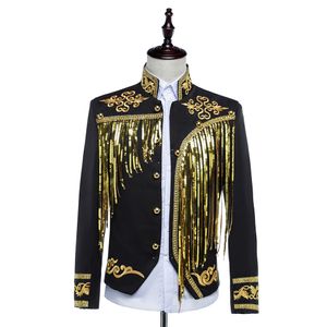 Manlig paljetter Tasseljacka Stand Collar Slim Fit Fringe Coat Stage Costume Bar Singer Sequined Black White Performance Jackets Dancer Team Nightclub Costume