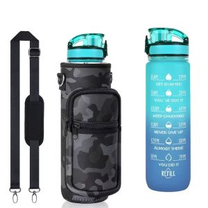 32オンスの水のボトルカバーとストローストラップ動機付けのカップ時間BPA無料1L再利用可能なスポーツウォーターボトル屋外屋外新しいボトル