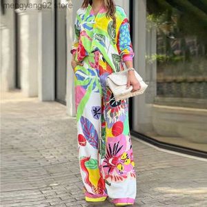 Calças de duas peças femininas 2023 Spring New Fomen's Print Printing Leve Sleeve Wide Leg -Pants Moda Conjunto T230524