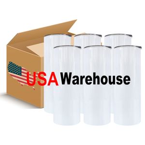 US-LAGER 25 Stück/Karton 20 Unzen gerade Wasserflaschen leere Sublimationsbecher Autobecher Kaffee-Teetassen mit Deckel und Plastikstrohhalm