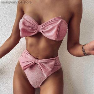 Women's Swimwear Bowknot Women's Swimsuit Sexy Bandeau Bikini2022 New Swimwear Shiny High Waist Biquini Bow Bikinis Set Strapless Bathing Suit T230524