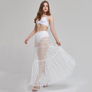 Spódnice seksowne dla kobiet-prześwitujące wysoką talię polka kropka mesh spódnica femme pełna długość szyfonu plaża długa maxi lato