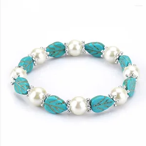 Strand Silver Plated Leaf Connect Green Turquoises Stone Elastic Bracelet With Imitation Pearl Geometric Jewelry