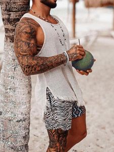 MENS TANK TOPS Vintage Ripped Solid Sticked Men Summer Fashion Slit Design Vest Shirt ärmlös Loose Oneck Pullover Top Casual 230524