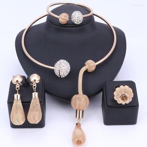 Necklace Earrings Set Dubai Gold Color Crystal Tassels Jewelry Fashion Wedding African Costume Earring Bangle Rings