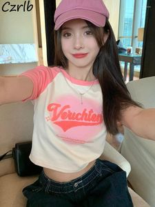 Women's T Shirts Pink American Retro Short Sleeve T-shirts Women Patchwork Design Lovely Sweet Crop Tops Summer Skinny Sexy Ladies Tees Chic