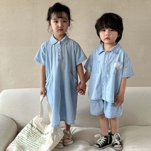Одежда наборы летняя брат сестра наряды мальчики Дети Сплошные короткие рукава рубашки шорты 2pcs Девушка детская хлопковая джинсовая джинсовая платья