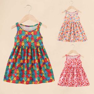 Sukienki dla dziewczyn Summer wielokolorowa koreańska wersja ubrania dziewczynki nadrukowane mleko jedwabny A-line ciasne ubrania dziecięce sukienka bez rękawów G220523