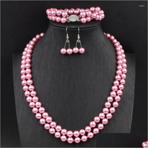 Earrings Necklace Set Elegant Sier Color Glass Pearl Bracelet Jewelry For Women 8Mm Round Simated Pearls Beads Sets A626 Dr Dhgarden Dhmmn