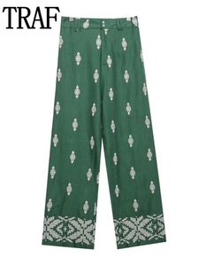 Calças impressas de traf de Capris para mulheres calças de cintura alta verde mulher de verão bordado vintage calças folgadas calças casuais de perna larga