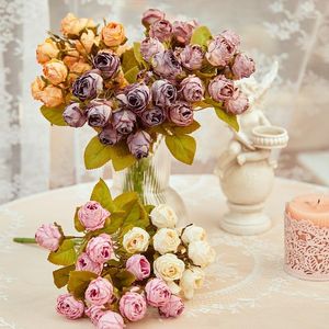 Flores decorativas 15 cabeças de seda artificial Rosas queimadas Festa de casamento de casamento Vasos de produtos domésticos para decoração de casa