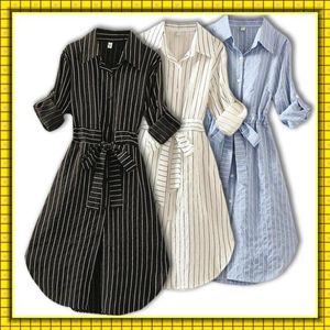 Vestidos casuais 2023 mulheres listradas vestem túnica de manga longa camisa elegante azul branca preta primavera verão damas listras mini mini