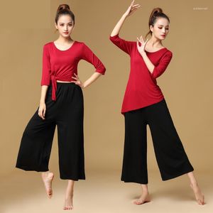 Sahne Giyim Kadınlar Moda Latin Dans Uygulaması Balo Salonu Takım Kırmızı Üstler ve Geniş Bacaklı Pantolon Modern Rahat Gevşek Setler