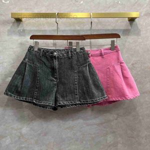 Kvinnors shorts designer bred ben denim kjol shorts, kvinnor rosa chic stil hög midja franska veckade löst passande stövlar, bantning a-line heta byxor nn8w