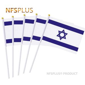 Баннерные флаги 10 упаковок рука, удерживаемые Израильским флагом маленький 14x21см мини -палочка Израильские флаги с флагштолями для празднования украшения Parade G230524