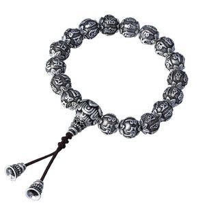 Pulseira na moda jóias 925 prata esterlina estilo chinês om mani padme hum redondo grânulo pulseiras para mulheres e homens ornamentos uddhismo