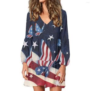 Abiti casual Doginthehole Bandiera americana Design Pattern Abbigliamento donna Abito a tunica a vita alta per maniche a sbuffo da donna 2023