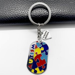 Keychains Exquisite Enamel Color Jigsaw Puzzle Autism Ribbon Nameplate Pendant Keychain Autistic Awareness Jewelry Key Ring