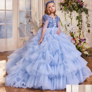 Flickans tävlingsklänningar Tiere Flower Girls 2023 Baby Blue Ruffles Ball Gown Bead Kids Formal Half Sleeve Princess Child Special OCN D DH0VT