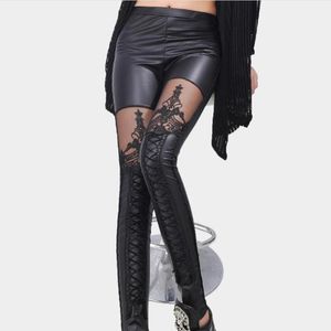 Legginsy Czarne leginy punkowe gotyckie modne kobiety legginsy seksowne pu skórzane szwy haft puste koronkowe nogawki dla kobiet leggins