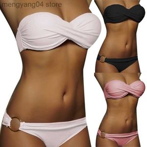 Kvinnors badkläder sexiga damer Cross Split Solid Color Swimsuit Summer Bikini Suit Two Piece badkläder strandrör toppen av axelbikini baddräkt t230524