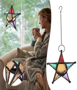 Candle Holders Fivepointed Star Holder Marockan Hanging Lantern Iron Style Colorful Glass Garden DecorationCandle7020686