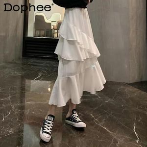 Skirts Elegant Women White Skirt 2023 Irregular Chiffon Ruffled High Waist Pleated Midi Female Cake A- Line Long Summer