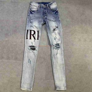 Designer Clothing Amires Jeans Denim Pants Amies High Street Trendy American Style Distressed Jeans Mens Patchwork Elastic Slim Fitting Small Leg Pants Distressed