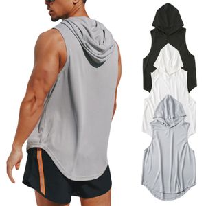 Mens Tank Tops snabb torr huva Vest Solid Color Fitness Training Muscle Workout Gym 230524