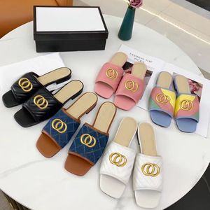 Classic designer slipper women beach slippers leather letter lady Flat shoe Metal buckle Slides summer woman shoes Lazy Sandals Large size 34-41-42 us4-us11 With box