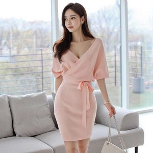 Dresses new arrival fashion korean style party knit bouncy dress women elegant summer temperament cute backless pink sexy pencil dress